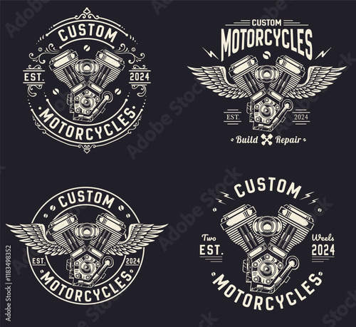 Set of 4 vintage motorcycle logo on black background