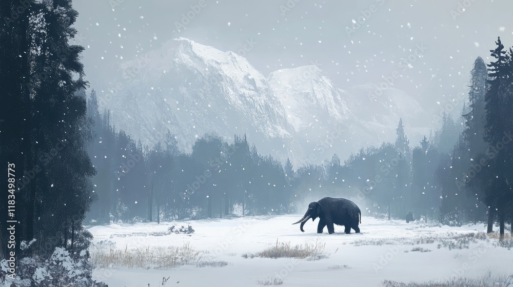 A wooly mammoth peacefully grazing in a snowy expanse, with gentle snowfall creating a serene winter scene.