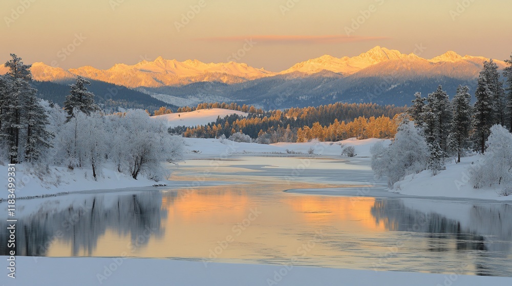 Fototapeta premium Golden Hour Winter Wonderland: Serene River Reflecting Majestic Mountains