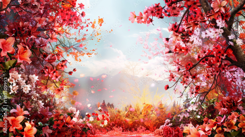 Autumnal Dreamland: A breathtaking landscape painting of vibrant red and pink flowers, creating a magical and enchanting autumnal scene. Autumnal Dreamland: A breathtaking landscape painting of vibrant red and pink flowers, creating a magical and enchanting autumnal scene.