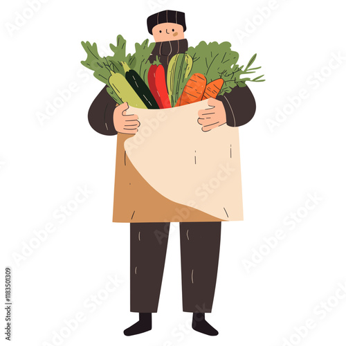 Man holding paper bag of vegetables illustration produce cartoon vector