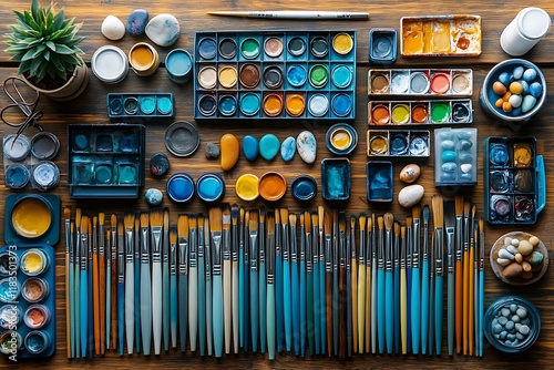 Overhead view of an artist's workspace filled with an array of vibrant watercolor paints and various paint brushes. photo