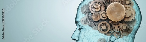 A transparent head silhouette reveals intricate gears within, symbolizing the complexities of the human mind and the interplay of thoughts and mechanics.