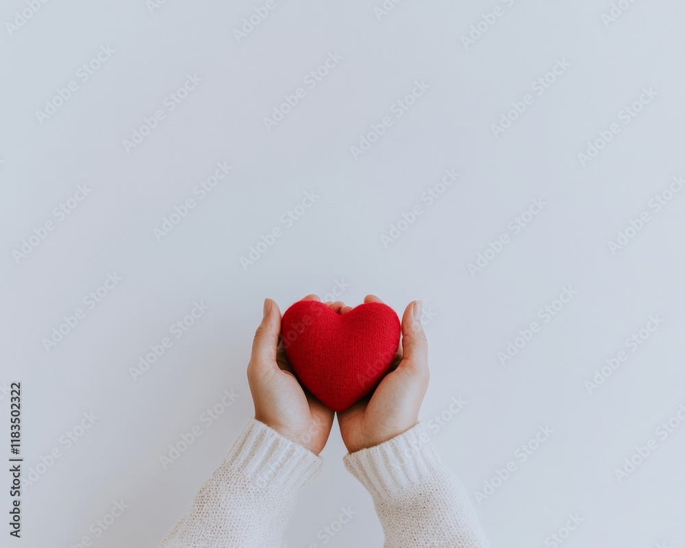 Fototapeta premium Hands Holding a Red Heart Against Minimalist Background