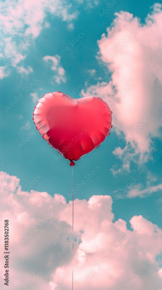 Obraz premium A bright red heart-shaped balloon rises high in a clear blue sky, surrounded by soft, fluffy clouds. Its buoyancy symbolizes love and happiness, creating a dreamy atmosphere