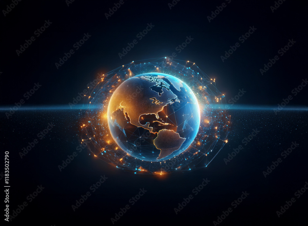 Obraz premium A digitally enhanced image of Earth, glowing with energy, encircled by swirling particles of light. The scene evokes a sense of global connectivity and technological advancement.
