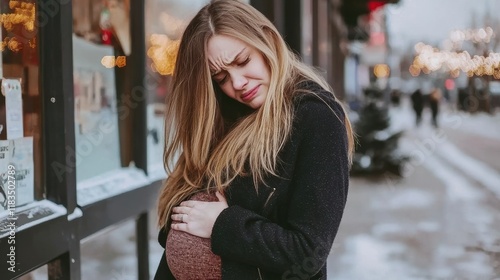 Expecting mother in urban setting captured emotionally winter season street view maternity journey photo