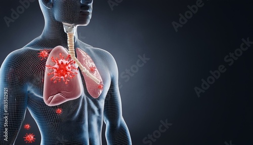 Virus model, macro camera angle, showing infection in the body. photo