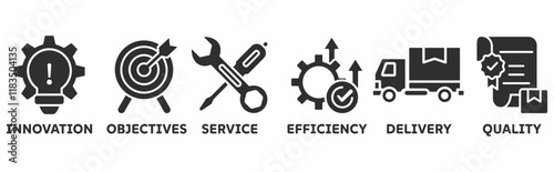 Product icon set illustration concept with icon of innovation, objectives, service, efficiency, delivery, quality