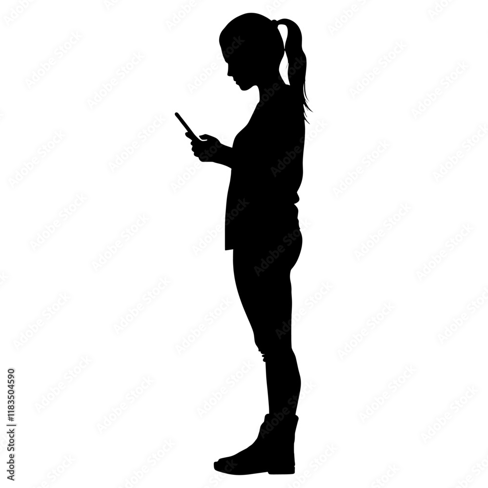 Woman use phone silhouette black white communication vector
