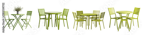 Cozy outdoor dining furniture set with green metal and wood chairs and table perfect for relaxation and alfresco dining on a patio terrace or backyard  Inviting and contemporary design in a natural