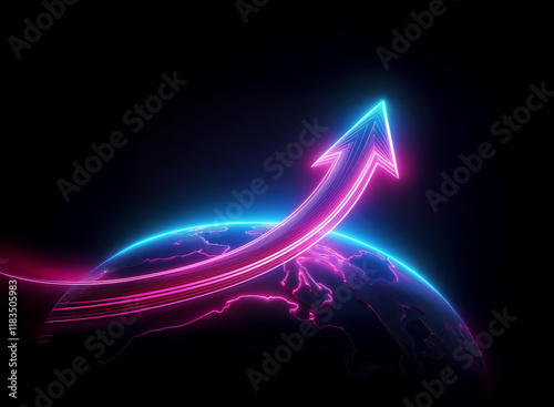 A vibrant, neon arrow ascends above a dark, glowing Earth, symbolizing global growth and progress.  The arrow's curve suggests positive trajectory and future potential. photo