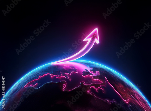 A vibrant pink neon arrow ascends from a glowing Earth, symbolizing global growth and upward trajectory.  The scene is dark, emphasizing the arrow's luminescence. photo