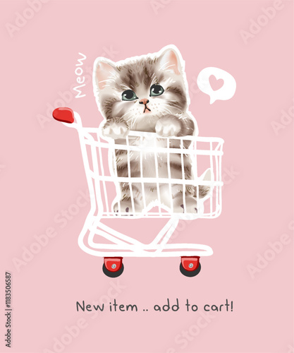 add to cart slogan with cute kitten in shopping cart vector illustration