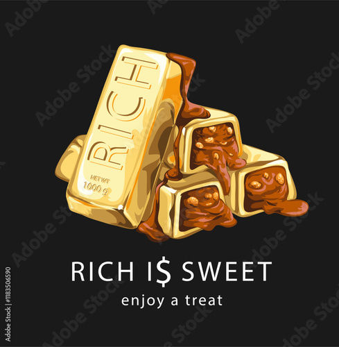rich slogan with chocolate gold bar vector illustration on black background