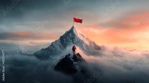 Determined mountaineer trudging up the rugged snow capped slopes their resolute expression mirroring the challenge ahead the victorious flag fluttering atop the distant mountain peak