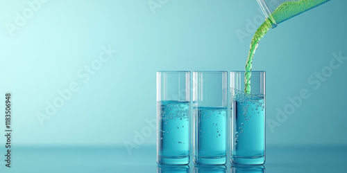 Three test tubes filled with blue liquid, one of the glasses is tilted to show green fluid inside, all on a light blue background photo