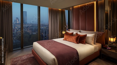 Luxurious London bedroom, city view, evening.