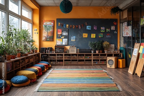 A vibrant and cozy classroom designed for playful learning and exploration in early childhood education.