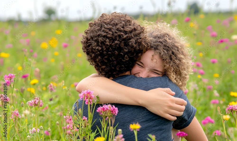Two friends embracing in a lush green park, surrounded by vibrant foliage, radiating warmth and joy in their heartfelt connection. Two friends embracing in a lush green park, surrounded by vibrant foliage, radiating warmth and joy in their heartfelt connection.