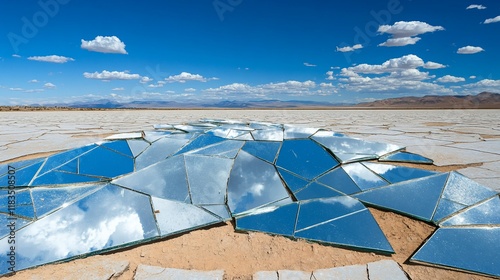 Broken Mirrors Reflecting Sky on a Dry Lake Bed photo