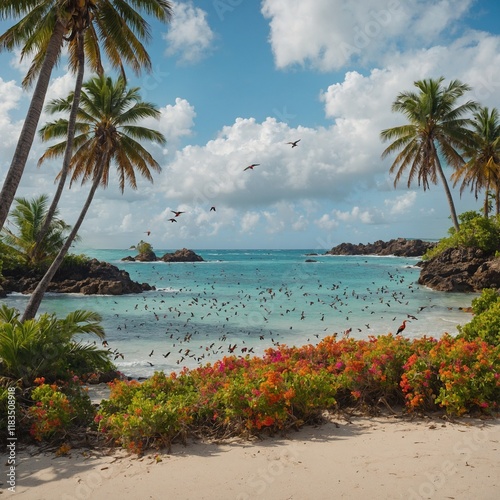 A tropical island where exotic birds with colorful plumage perch on palm trees, chirping against the sound of the waves. photo