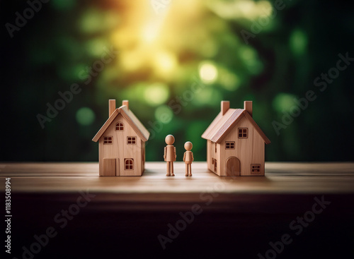 Two miniature wooden houses flank a pair of wooden figures, symbolizing family and homeownership, set against a sunlit, blurred green background.  A sense of serenity and domesticity is conveyed. photo