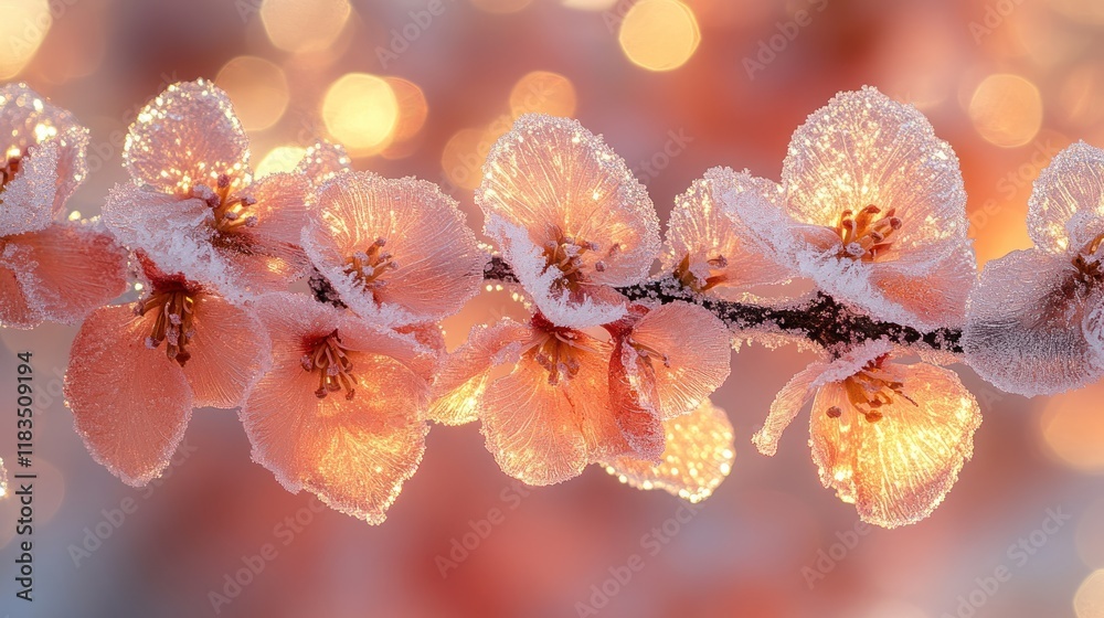 Frosty pink flowers glowing at sunrise. Frosty pink flowers glowing at sunrise.