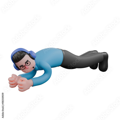 A male radio announcer sits on a yoga mat, doing a plank pose with an expression of concentration