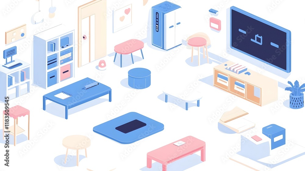 Obraz premium Smart Classroom Integration, a vibrant scene showcasing advanced technology enhancing learning environments, students engaged with interactive devices.