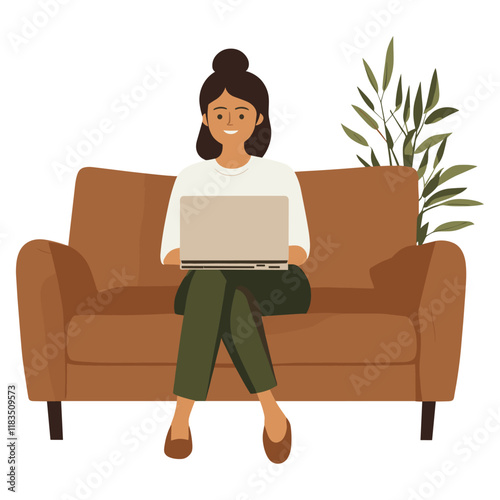 Woman using laptop on brown sofa illustration couch green vector