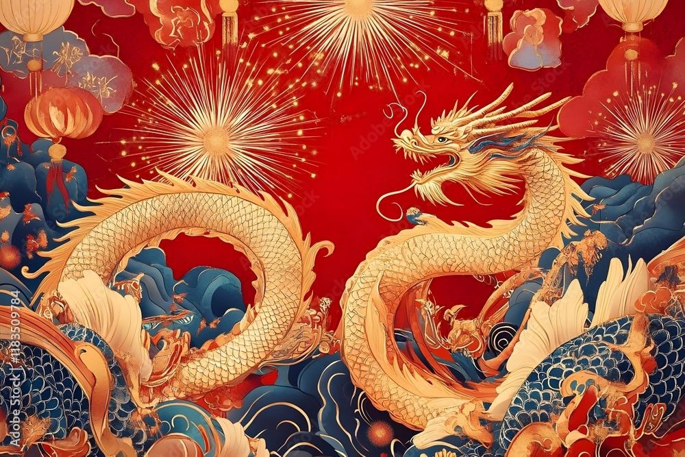 Obraz premium A vibrant illustration of a golden dragon amidst clouds and lanterns, symbolizing prosperity.