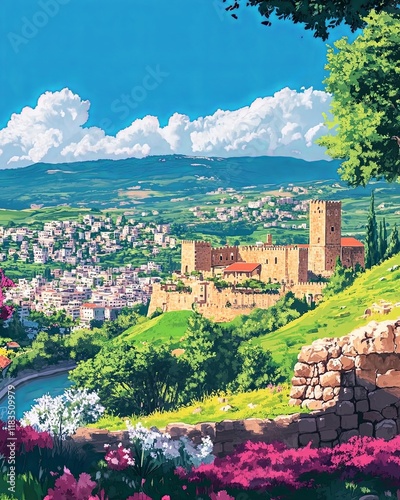 Bint jbeil Lebanon Travel Poster Flat Illustration Print Decor Gift Canvas Wall Art Gift photo