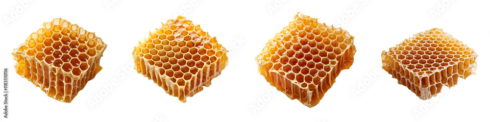 A piece of fresh honeycomb, golden and glossy, isolated on a white background. Collection Png. A piece of fresh honeycomb, golden and glossy, isolated on a white background. Collection Png.