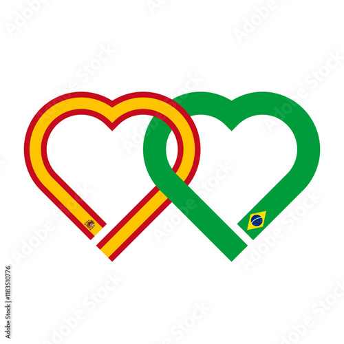 heart shaped ribbon of spain and brazil flags intertwined. vector illustration isolated on white background