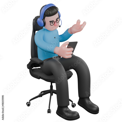 A male radio announcer sits with his body slightly bent and holding a cellphone