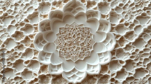 Intricate 3D Floral Mandala Design Beige and White Architectural Ornament photo