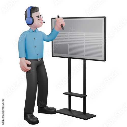 A male radio announcer stands next to the board with one hand on his waist,