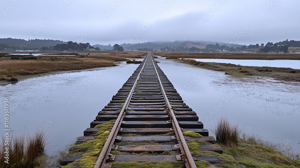 Fototapeta premium Tranquil Railroad Track Extending Towards Serene Landscape
