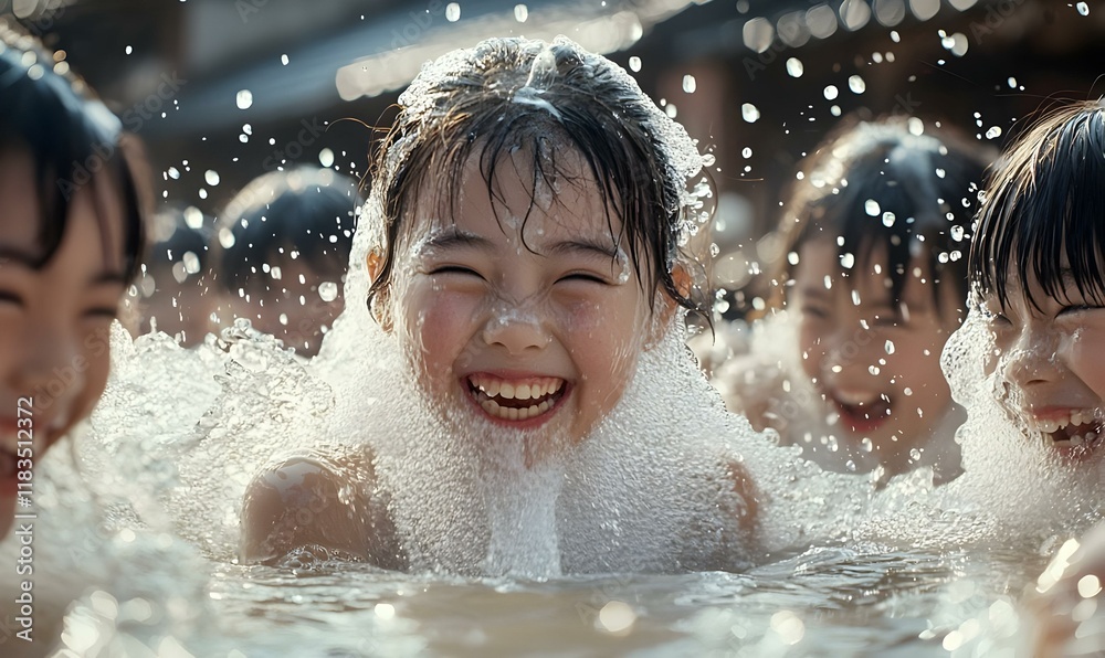 Obraz premium Joyful gathering, a diverse group of friends laughing together at a sunny outdoor event, sharing moments of happiness and connection