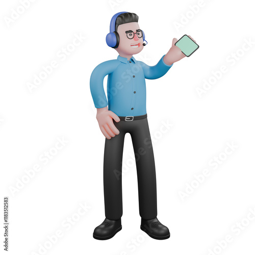 A male radio announcer stands with one hand on his waist, and the other hand holding a cellphone