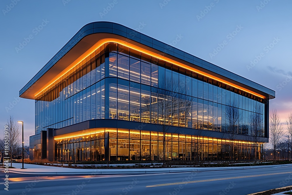 Modern office building illuminated at dusk with orange lights. Modern office building illuminated at dusk with orange lights.