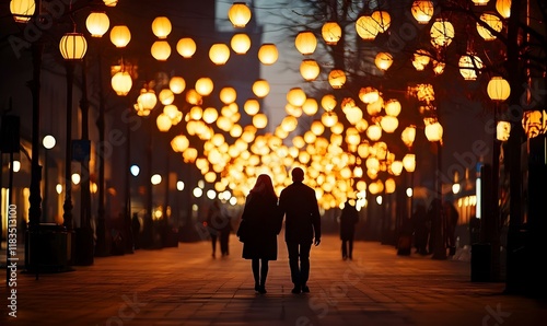 Friends strolling together, vibrant lanterns casting a warm glow, laughter and camaraderie filling the air, an enchanting evening atmosphere.
