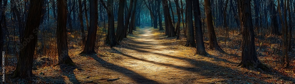 Obraz premium A serene forest path illuminated by soft light, surrounded by tall trees, creating an enchanting and mysterious atmosphere.