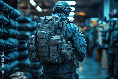 A soldier equipped for combat stands ready for deployment.
