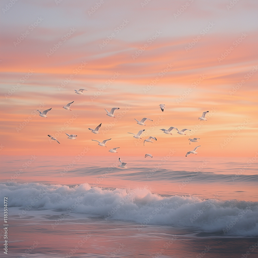 Obraz premium Serene Sunset with Birds on Beach Background