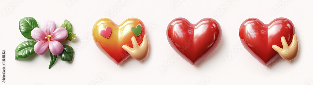 Fototapeta premium Four heart-themed icons in a colorful, playful style feature cartoonish hand gestures, vibrant red and pink tones, and floral accents, representing affection, passion, and care.
