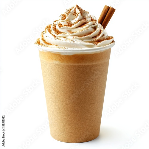 pumpkin latte coffee drink in take away cup decorated with whipped cream and cinnamon isolated on white background