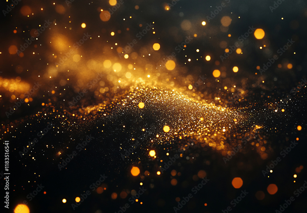 Fototapeta premium A luxurious golden glitter background with shimmering bokeh effects and sparkling dust particles, ideal for festive celebrations like New Year's or Christmas designs.