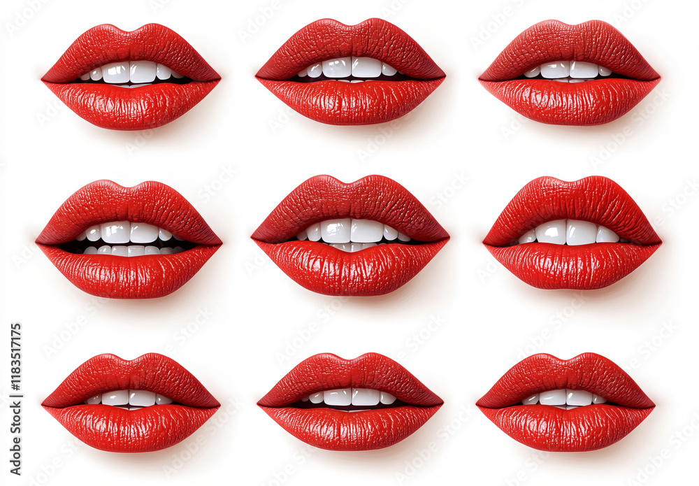 Obraz premium A collection of red lips displaying various expressions, including open and closed positions, in a clean, shadow-free illustration style on a crisp white background.